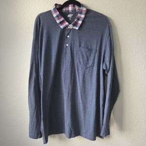 Lands End Super-T Longsleeve Blue Red Plaid Collar Buttons Mens XXL 100% Cotton